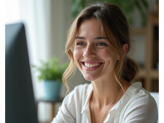 Friendly female wellness coach actively guiding a client through virtual session on a screen, with a supportive and encouraging expression.