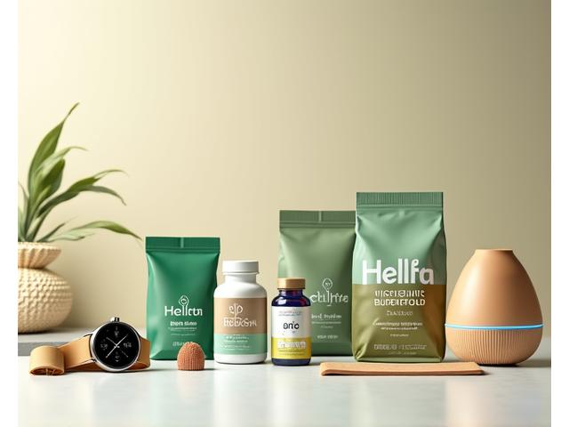 Assortment of personalized health products, including supplements, a smart watch, and healthy snacks, arranged neatly