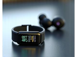 Smartwatch, fitness tracker, and wireless earbuds on a sleek surface