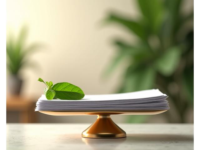 A balanced scale with a green leaf on one side, and legal documents on the other, signifying fairness, balance, and trust in Verdilux Bloom's terms of service.