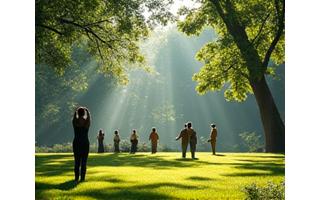 Group practicing outdoor mindfulness in a serene San Jose park, hinting at local events