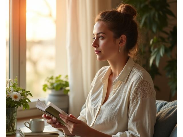 Woman enjoying a cup of tea, looking relaxed and mindful, symbolizing practical self-care